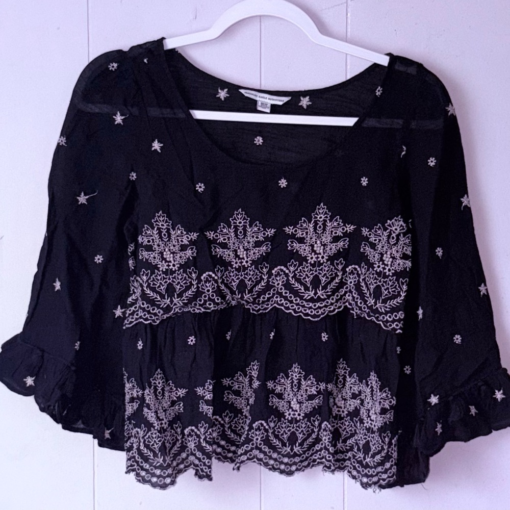 American Eagle Celestial Embroidered 100% Cotton tiered peplum tunic XS